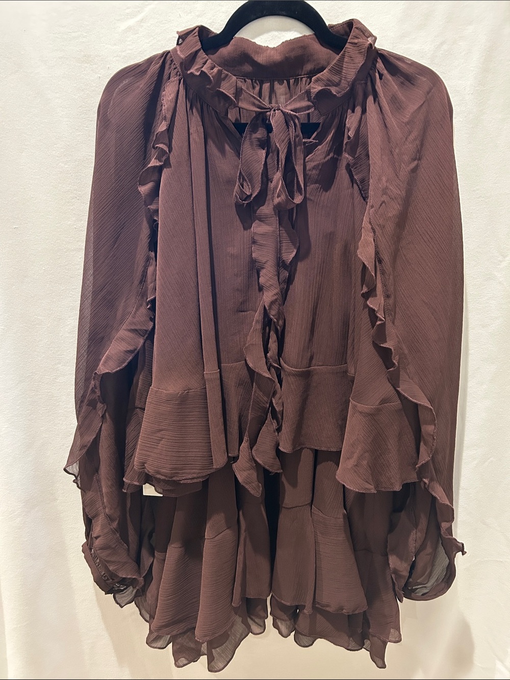 Commense Brown Tiered Ruffle Chiffon Mini Dress with Liner and Overlay Cape - Picture 3 of 12